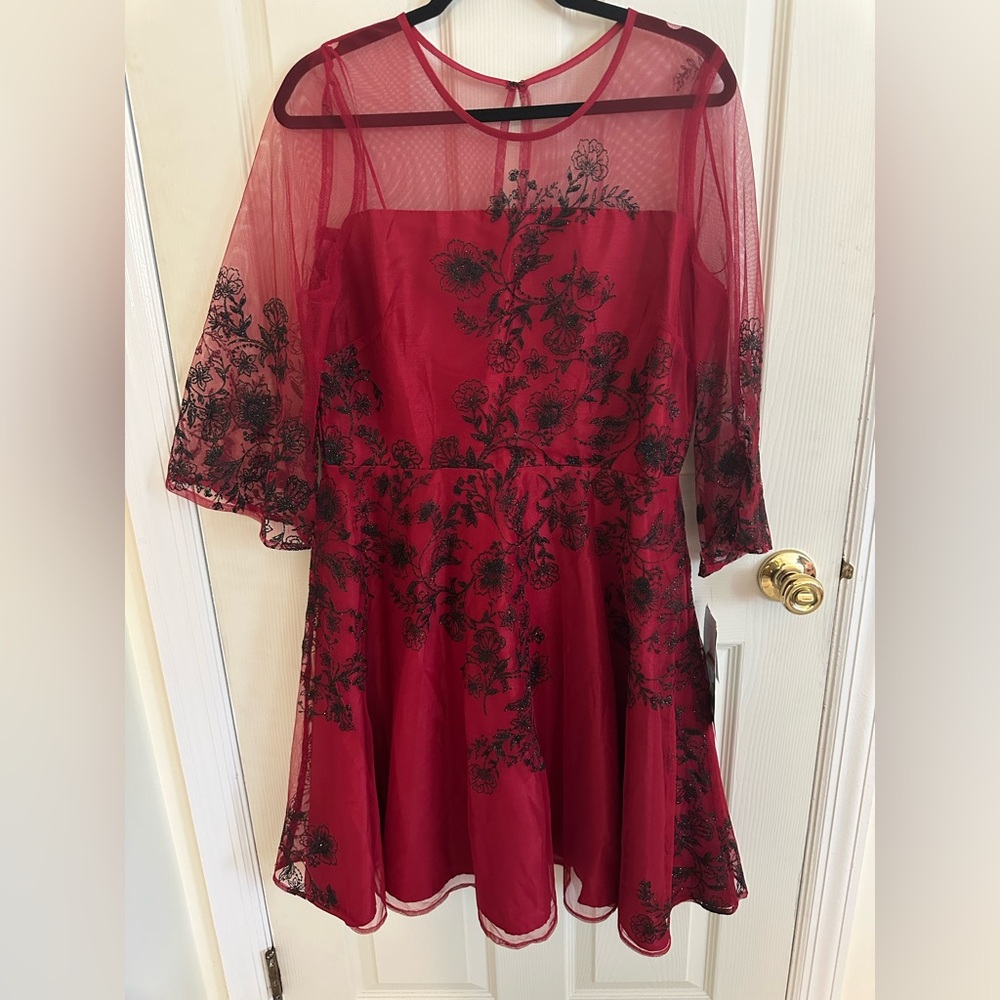 Elegant Red Dress with Black Floral Embroidery
